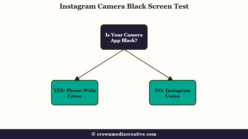 Instagram camera black screen test: a black phone camera app means a phone-wide cause, a working one means an Instagram cause